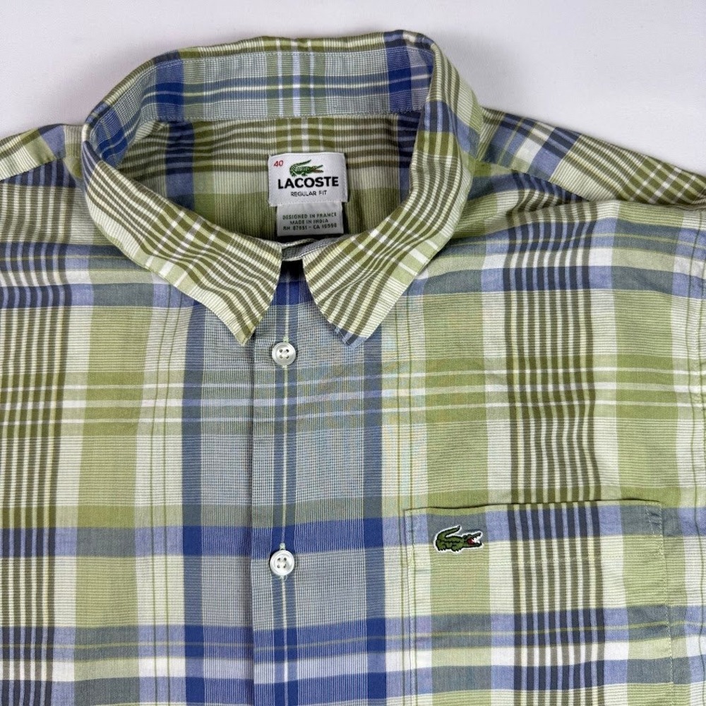 Lacoste Mens Regular Fit Plaid Long Sleeve Button Down Shirt Green Blue Size 40